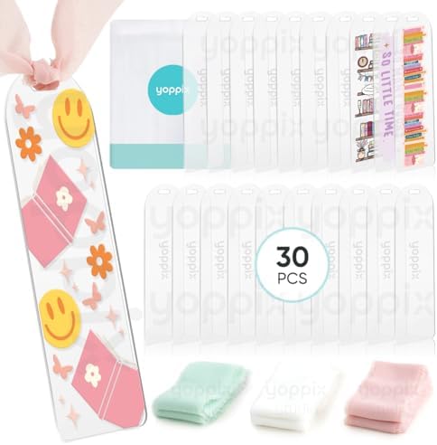 YOPPIX 6x2” Acrylic Bookmark Blanks- 30 Pieces Acrylic Bookmark Kit with 30 Pcs Ribbon for Reading Lovers DIY Crafts Hanging Tag Gifts Tag Price Tags, Graduation Back to School Gifts(Semicircle)
