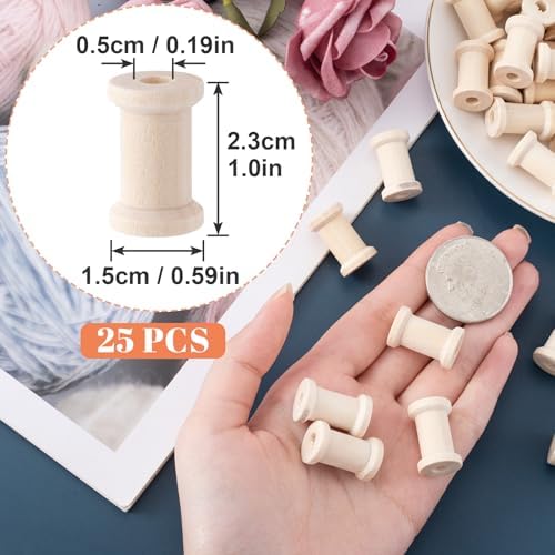 Pndeyo 25pcs Wooden Spools of Crafts, Empty Natural Wood Thread Spools, 1in Unfinished Wooden Textile Bobbin for Organizing Cord Twine Ribbon Chains Elastic Threads- Beige
