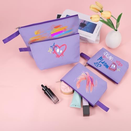 10 Pieces Cotton Canvas Makeup Bag with Bottom and Strap, Multi-Purpose Cosmetic Bag with Zipper Travel Toiletry Pouch, Blank DIY Craft Bag (Purple, XS)