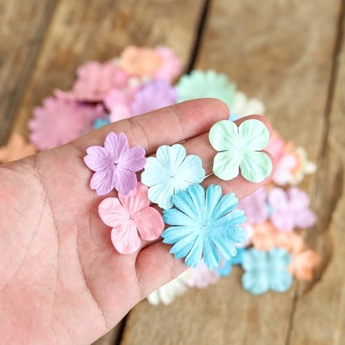 100 Pcs Handmade Mixed Mulberry Paper Flowers 30 mm - 1.5 Inch Scrapbooking Wedding DIY Craft Supplies Card. (Mixed Flowers Pastels)