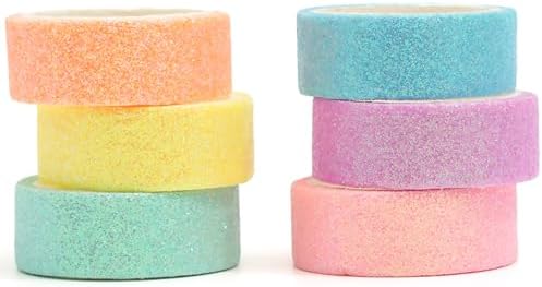 Glitter Washi Tape Set 6 Rolls Sparkling Foil Decorative Sprinkle Colored Masking Tapes for Arts, DIY Crafts, Journals, Planners, Scrapbook, Wrapping (6 Colors)