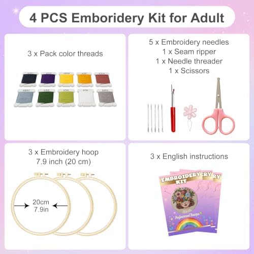Huacan Embroidery Kit for Adults Beginners with 3 Hoops & Gift Box