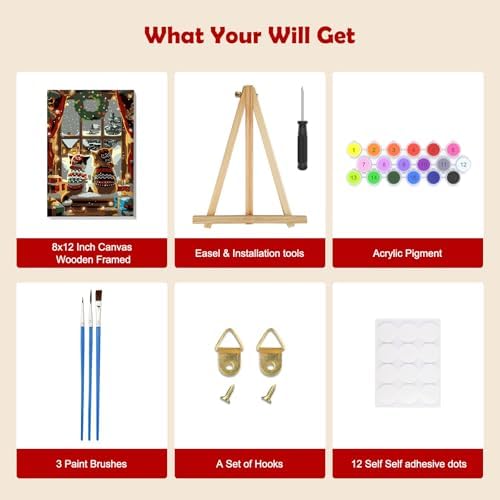 MOGTAA Christmas Cat Paint by Numbers Kit for Adults Beginners with Frame, Winter Adult Paint by Number Kits on Canvas with Easel, Easy DIY Oil Painting Kits for Home Decor, 8x12in