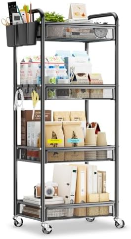 YASONIC 4 Tier Rolling Cart – Rolling Storage Cart with Wheels | Multi-Functional Utility Cart Storage Cart for Living Room, Kitchen, Office, Bathroom, Movable Storage Organizer with Wheels