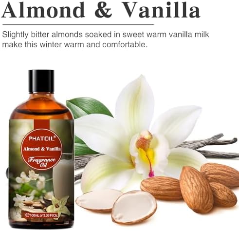 PHATOIL 3.38FL.OZ Almond Vanilla Fragrance Oils for Aromatherapy, Essential Oils for Diffusers for Home, Perfect for Diffuser, Yoga, Skin Care, DIY Candle and Soap Making - 100ml | Long Lasting Scented Oils For Humidifier, Air Freshener, DIY Soap Candl...