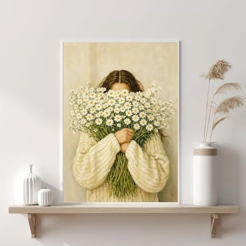 VeGuude Diamond Art Kits for Adults, Full Drill Woman with Daisies Bouquet Diamond Painting Kits for Beginners, DIY Full Rhinestone 5D Diamond dots (Gemstone Craft), Home Wall Decoration (12x16 inch)