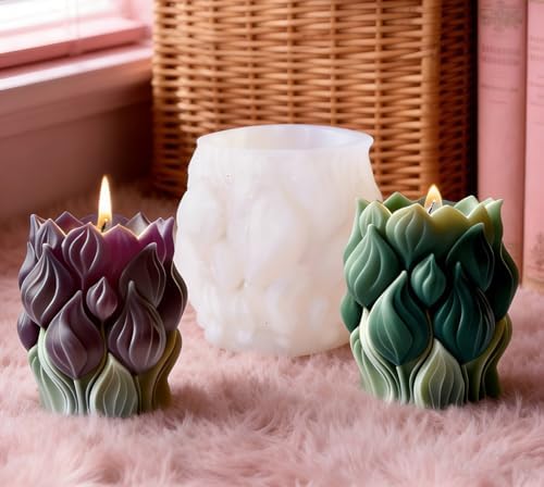Konrisa Cylinder Candle Molds, 3D Flower Resin Molds for Candle Making, Large Tulip Candle Molds, Handmade Aromatherapy Candles Making Molds Craft Supplies