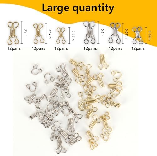 72 Pairs Hook and Eye Sewing Kit – Silver and Gold Bra Hooks Replacement in Multiple Sizes, Ideal for DIY Clothing Repairs, Underwear Alteration, and Home Sewing, with Storage Box