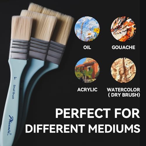 PHOENIX Flat Paint Brush Set - 3 Sizes Nylon Large Paint Brushes for Acrylic Painting, Gouache, Wood Furniture, Gesso, Varnishes & Wall (Pack of 2)