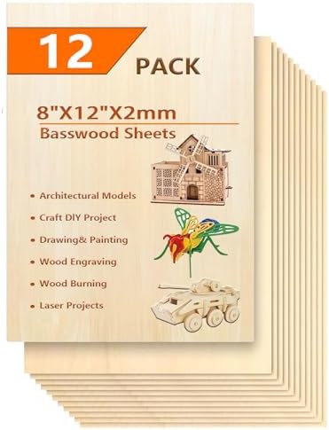 12 Pack Basswood Sheets for Crafts- Thin Plywood Sheets - Balsa Wood Sheets -Unfinished Wood Boards for Painting,Laser Cutting,Engraving,Burning and CNC Cutting
