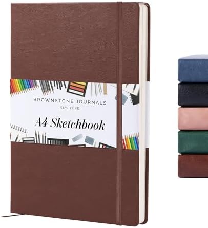 BROWNSTONE JOURNALS A4 Sketch Book Hardcover - 80 Sheets 100 GSM Paper | 8.5" x 11.5", Lay Flat, Vegan Leather Hardcover, Elastic Band, Back Pocket, Art Drawing Book for Adults & Students