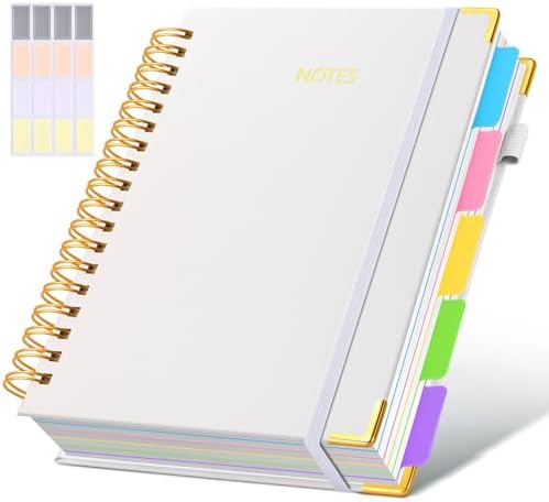Hardcover Spiral Notebook Journal with Removable Dividers Tabs, 300 Pages Leather 5 Subject Notebook College Ruled, 8"x10" Large Notebooks for Work School Note taking, Lined Journal for Women, White
