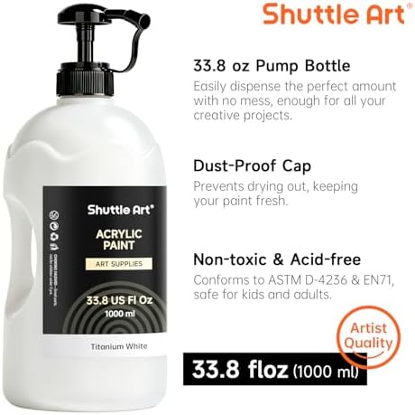 Shuttle Art Titanium White Acrylic Paint, 33.8oz/1000ml Large Capacity Pump Bottle with Cover, Fast Drying Non-Toxic, High Coverage Titanium White Paint for Kids, Artists, Students & DIY Crafts