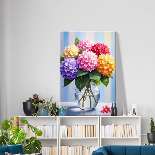 ATDMS Paint by Numbers Kit for Adults Flowers Paint by Number with Frame Hydrangea Paint by Number with Easel DIY Floral Oil Painting by Numbers for Gift Home Wall Decor 8x12 Inch