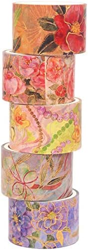 YUBBAEX Blooming Washi Tape Set Gold Foil Masking Tape Peony Wide Decorative for Arts, DIY Crafts, Journal Supplies, Planners, Scrapbook, Card/Gift Wrapping -25mm- (Red Flowers)