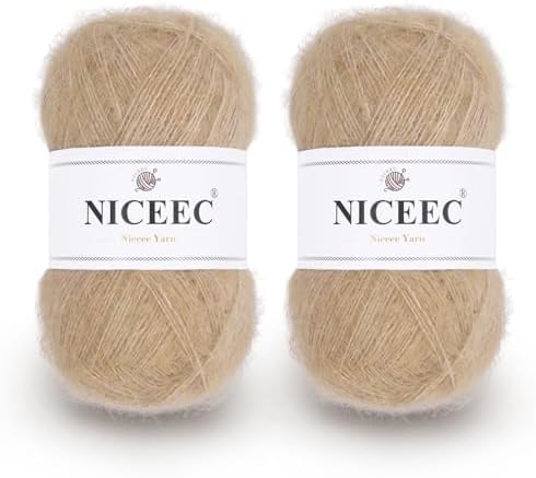 NICEEC 2 Skeins Long Pile Mohair Yarn 2.82oz/788yds - Light Camel