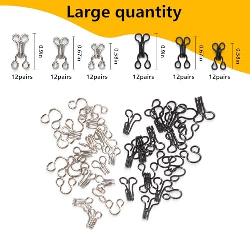 Ahviesli 72 Pairs Hook and Eye Sewing Kit – Black and Silver Bra Hooks Replacement in Multiple Sizes, Ideal for DIY Clothing Repairs, Underwear Alteration, and Home Sewing, with Storage Box