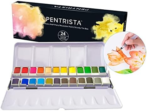 24 Colors Solid Watercolor Paint Set with Refillable Water Brush, Artist-Grade Half Pans in Tin Box - Professional Watercolor Kit for Artists, Adults, Beginners and Painting lovers