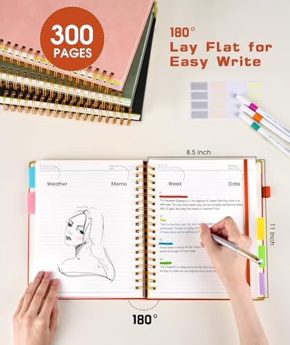 Hardcover Spiral Notebook 8.5"x11" Journal with Removable Dividers Tabs, 300 Pages Leather 5 Subject Notebook College Ruled, Large Notebooks for Work School, Lined Journal for Women, A4 Orange