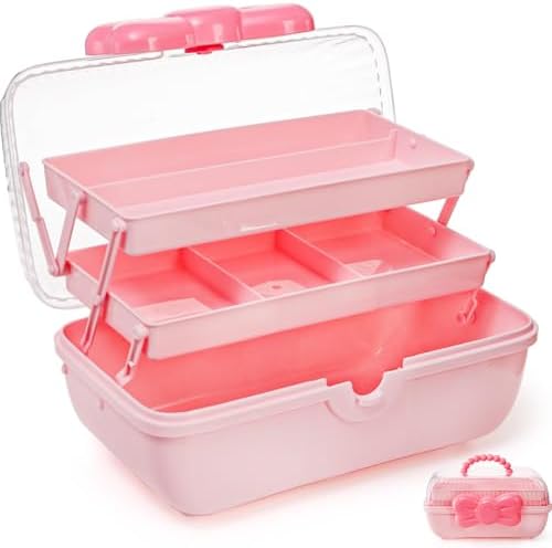 Noamus 11" Three-Layer Multipurpose Storage Box, Clear Plastic Art Craft Organizer, Portable First Aids Case with Handle Trays for Kids, Sewing Makeup Nail Hair Accessories, Home School Office(Pink)