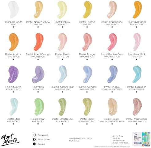 Mont Marte Acrylic Colour Pastel Paint Set Signature 24pc x 36ml (1.2 US fl.oz), Creamy Pastel Acrylic Paint Set, Good Coverage, Semi-Matte Finish, Ideal For Most Art and Craft Surfaces.