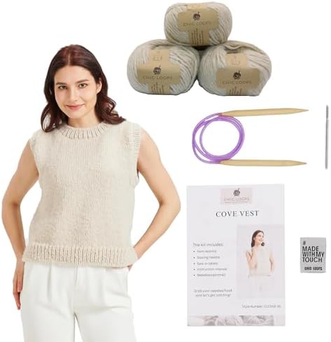 Chic Loops Knitting Kit for Beginners, Knitted Sweater Beginner Crochet Kit for Adults, Crochet Women's Round Neck Sleeveless Pullover Vest with Instruction(Birch,SA)
