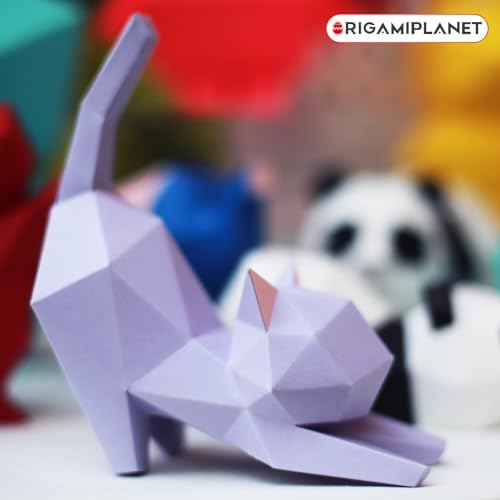 3D Origami Paper Craft Kit, Yoga Kitten Cute DIY Pre-Cut Animal Papercraft Model for Beginners, Fun Handmade Home Decoration Gift for Adults & Teens-Purple
