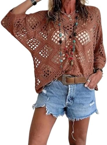Bohemian Crochet Tops for Women 3/4 Sleeve V-Neck Open Knit Pullover Beach Cover Ups Hollow Out Boho Vacation Blouse