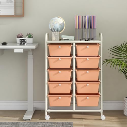 Giantex 10 Drawers Rolling Cart, Classroom Organizers, Storage Cart with Wheels, for Teacher Office Home School Supplies Tool Craft Art Paper, Peach Fuzz