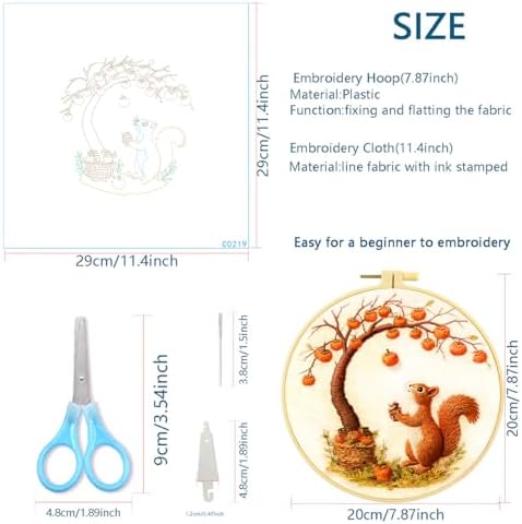 Zhenqing Squirrel Embroidery Kit for Beginners, Autumn Harvest Needlework Craft with Pre-Printed Cotton Fabric, Hoop, Threads & Tools, Woodland Fall Decor (C0219)