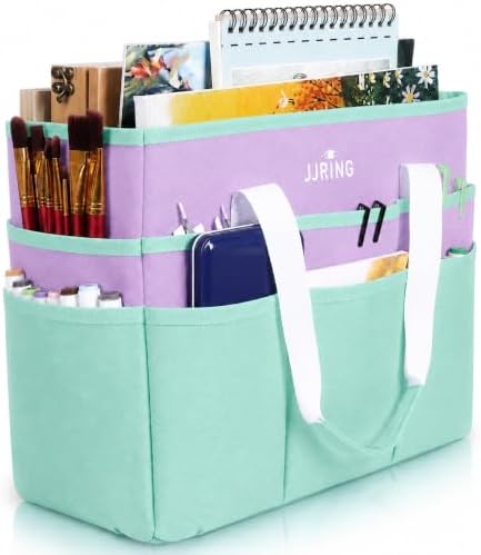 JJRING Craft Organizer Tote Bag Large Art Storage Caddy Green and Purple | With Multiple Pockets For Sewing, Scrapbooking, School, Medical, And Office Supplies