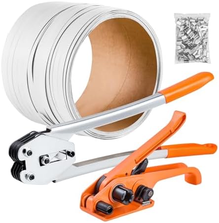 VEVOR Banding Strapping Kit, Heavy Duty Banding Sealer Tool with 330 ft Length PP Band, 100 Metal Seals, Plastic Manual Pallet Packaging Strapping Kit for Warehouse/Shipping/Moving/Home, Orange