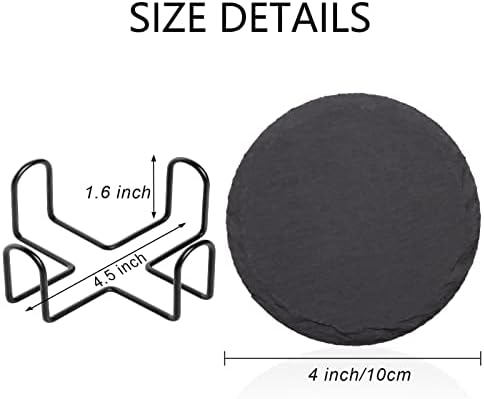 4 PCS Round Slate Drink Coasters Set, SIJDIEE 4 Inch Laser Engraving Black Slate Stone Coasters with Anti-Scratch Bottom and Coaster Holder for Office Bar Kitchen Home Dinner Table Decor Supplies