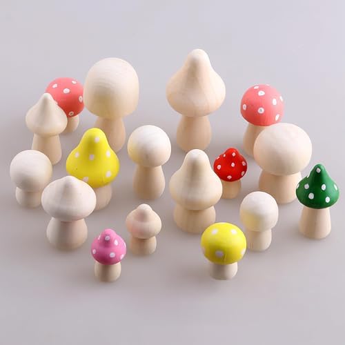 23 Pcs Unfinished Wooden Mushroom Craft Kit with 2 Brushes 9 Sizes