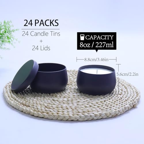 24 Pack 8oz Matte Full Black Candle Tins for Making Candles - Bulk Metal Candle Containers with Lids. Empty Round Candle Jars for DIY & Travel. Shatterproof & Sturdy Vessels for Small Business.