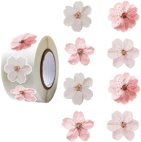 Cherry Blossom Flower Stickers Roll,500PCS Pink & White Sakura Decorative Stickers for Scrapbooking Journaling Gift Wrapping Card Making DIY Crafts Spring Floral Decals