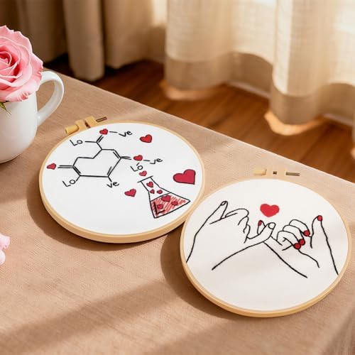 Valentine's Day Embroidery Kits for Beginners Adults, Romance Love Heart Embroidery Needlepoint Kits, Hand Stamped Cross Stitch Kits for Beginners Adults, 2 Embroidery Hoops (Attached Video Tutorial)