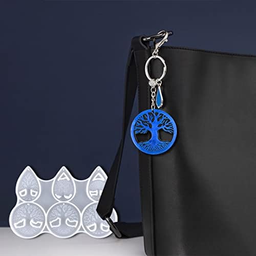 Keychain Resin Mold, Tree of Life Keychain Silicone Molds, Epoxy Resin Casting Molds Keychain Pendant Mould with Hole with 10 Pieces Key Rings for DIY Crafts Jewelry Making
