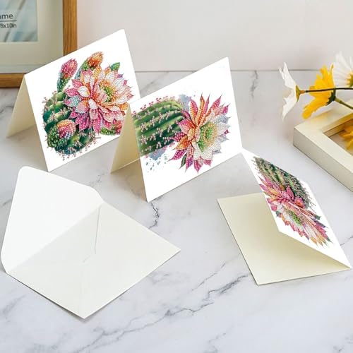 Tontut 6pcs Diamond Art Painting Kit Greeting Card, Cactus Flower 5D DIY Diamond Handmade Holiday Glitter Greeting Card with Envelope, Holiday Gift Congratulation