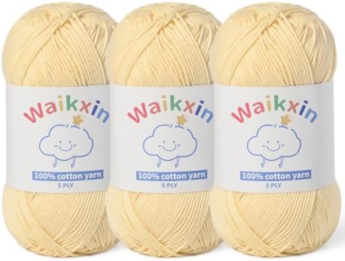 3 Pack of 100% Cotton Yarn for Crocheting,Baby Yarn for Crocheting Soft,5 Ply Milk Cotton Yarn,#2 Sport Weight Cotton Yarn,10.6oz/787.4yds Amigurumi Yarn for Puzzle,Clothes&DIY Crafts.(3 Light Yellow)