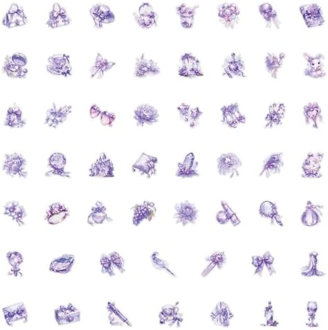 50Pcs Vintage Stickers,Waterproof Transparent PET Aesthetic Decorative Scrapbooking Supplies for Adult Card Making Letters Planner Journaling Junk Journal DIY Water Bottles Art Craft.Purple Flower