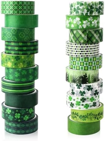 Green Decorative Tape Set 20 Rolls St. Patrick's Day Washi Tape for Lucky Shamrock DIY St Patrick Day Masking Tape for Irish Holiday Kids Craft Notebook Scrapbooking & Stamping Supplies