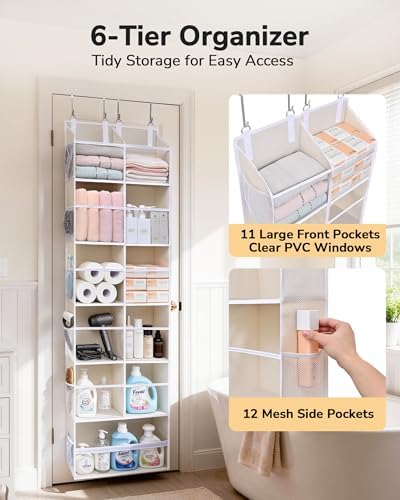ULG Over the Door Organizer, 6-Tier Hanging Storage with Clear Windows, 19 Pockets for Closet,Bathroom & Nursery Door Organizer