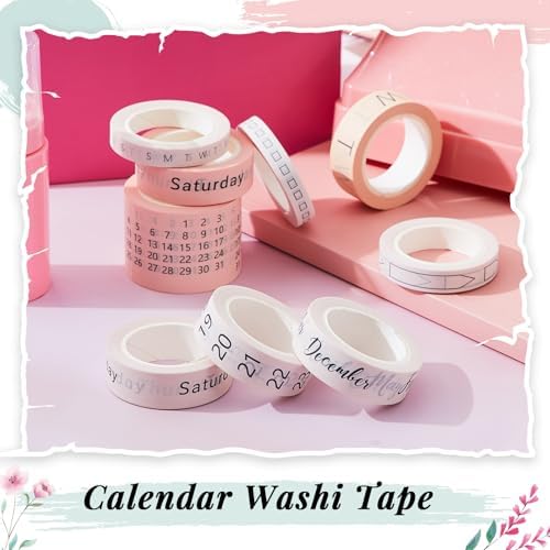 Chuangdi 9 Rolls Calendar Washi Tape Set,Light Brown, Beige, Pink | Vintage Day Week Month Date Number Calendar Washi for Journaling, Planner Decoration, Journal Labels, Arts Crafts
