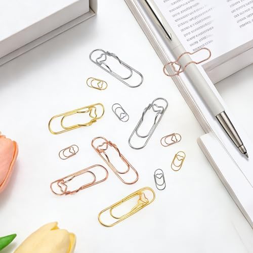 HINGTAI 15Pcs Metal Pen Holder Clip & 30Pcs Paper Clip Set for Notebook, Grip for Pens Under 0.5" Thick, Accessories for Office, Journal, and Desk Organization