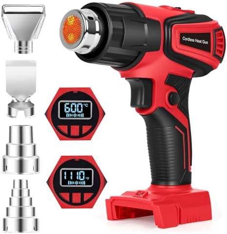 Cordless Heat Gun Compatible with Milwaukee m18 Battery 350W Fast Heating 120℉–1112℉ Variable Temperature LCD Display Portable Hot Air Gun 4 Nozzles for Crafts, DIY (Tool Only, Not Made by Milwaukee)
