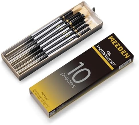 MEEDEN Oil Paint Brush Set: 10 Pcs Hog Bristle Paint Brushes with Wood Long Handle - Artist Paint Brush Set for Adults Beginners - Perfect for Oil Acrylic Canvas Painting