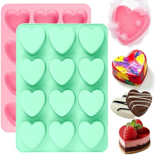 24-Cavities Heart Soap Molds for Soap Making, 2 Inches Heart Shaped Silicone Mold for Chocolate, Crayon, Cake, Brownie, Ice Cubes, Non-Stick for Baking