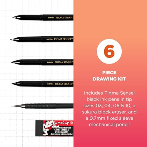 SAKURA Pigma Sensei Manga Drawing Kit, Black, Assorted Nibs, 6 Pack