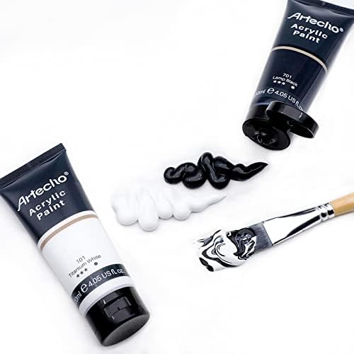 Artecho Titanium White and Lamp Black Acrylic Paint 120ml /4.05oz Tube | Semi Glossy Finish, High Pigment Rich Color Craft Paint for Canvas, Rocks, Wood, Fabric, Ceramic, Non-Toxic